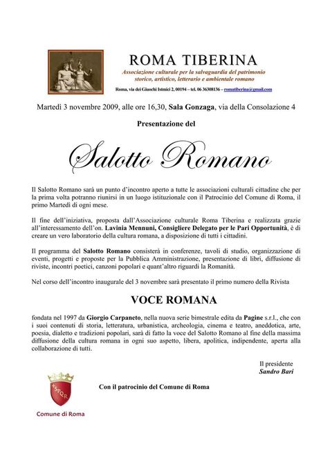 Locandina: Il primo Salotto Romano, Sala Gonzaga, 3 novembre 2009